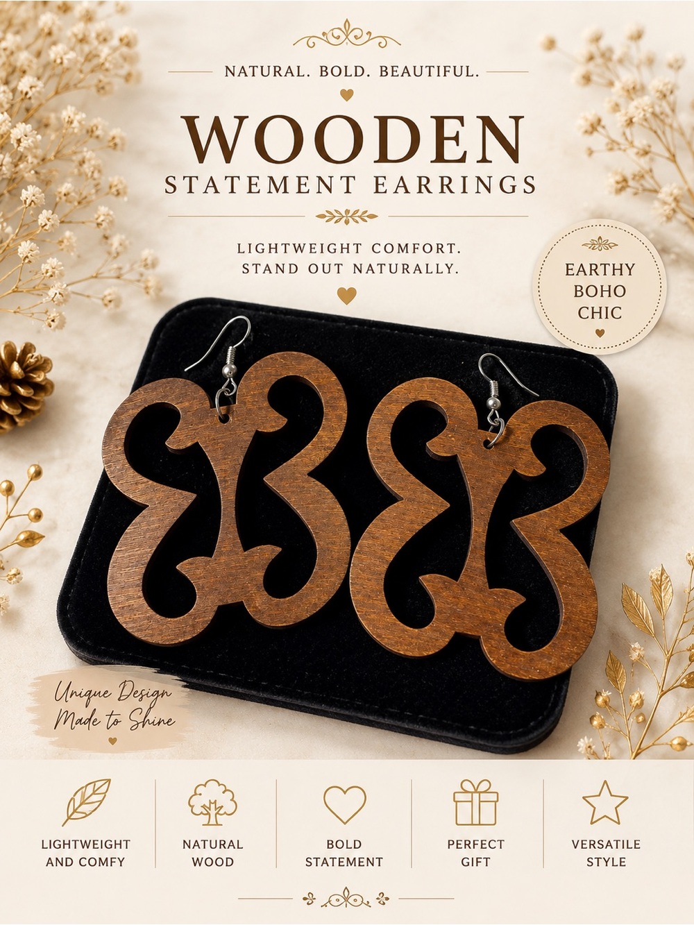 5/25 ✨✨ Wooden Statement Earrings - Brown Boho Cutout Design